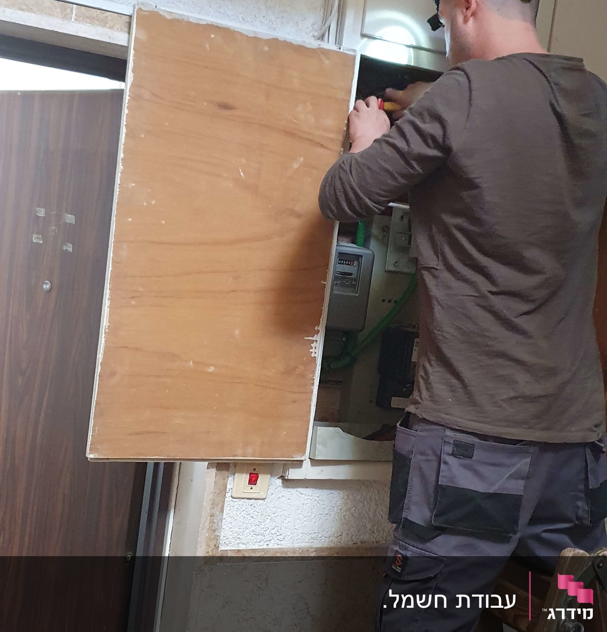 חשמלאי עובד על לוח חשמל עם מברג ביד